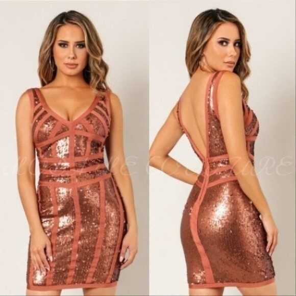GLAM DOLLZ Rust Sequin Mini Dress - Picture 1 of 4